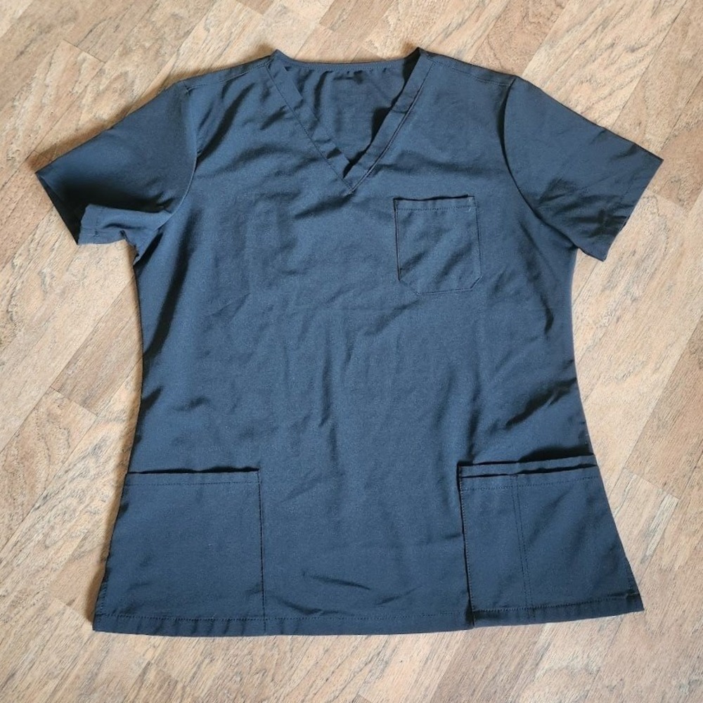 COZYFIT Womens Black V-Neck Scrub Top Short‎ Sleeve 3-Pocket Medical Small 335